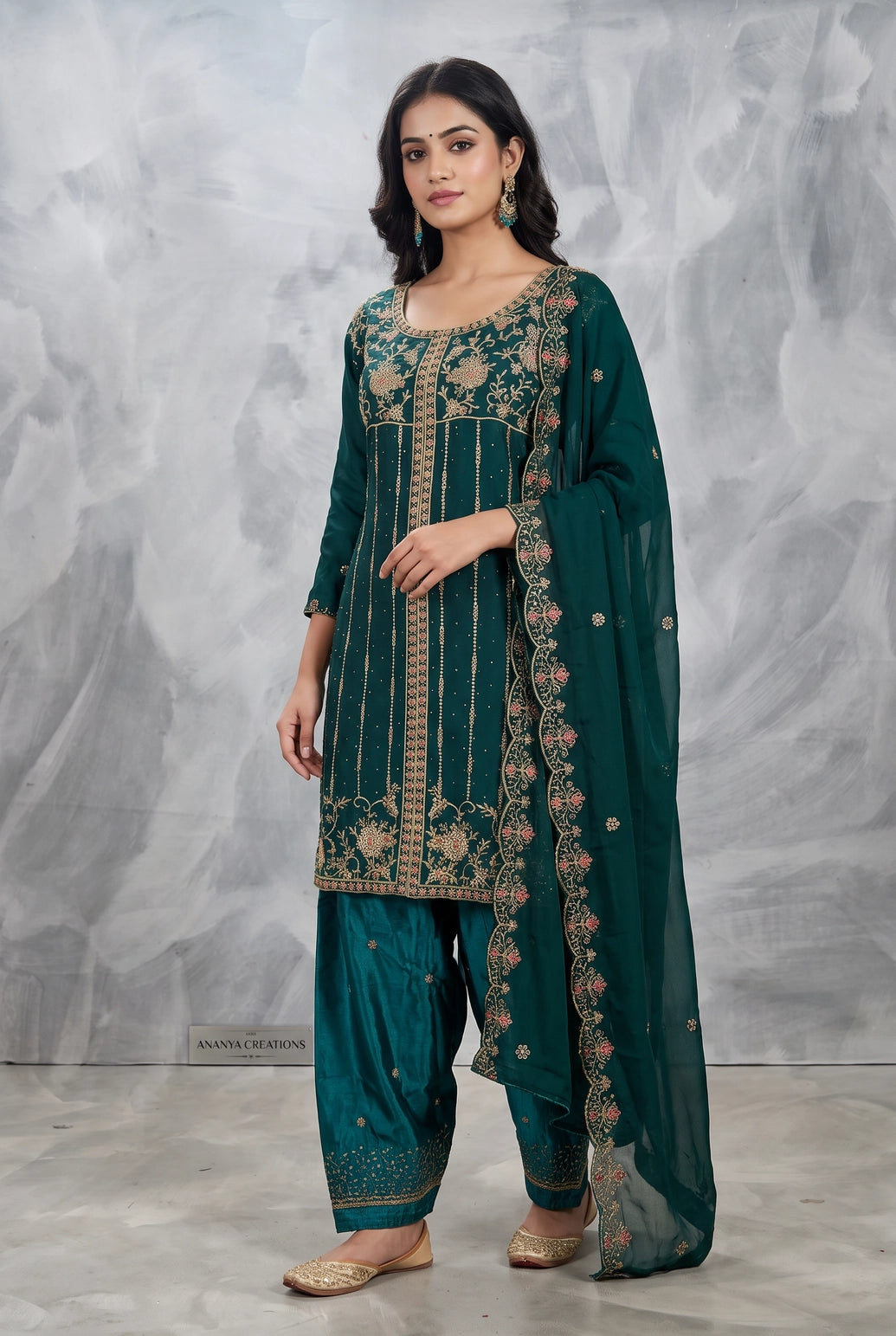 Teal Blue Embroidered Kurti Pant Set with Organza Dupatta for Women, French Work and Jarkan Detail - Teal Blue
