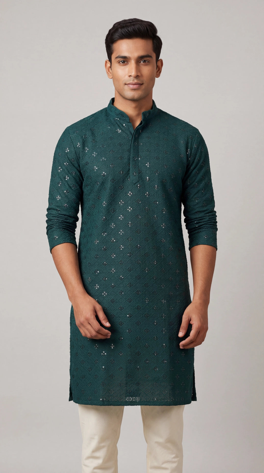 Green Lakhnavi-Style Men’s Kurta with All-Over Sequins, Solid Kurta Design for Festive Wear - Green