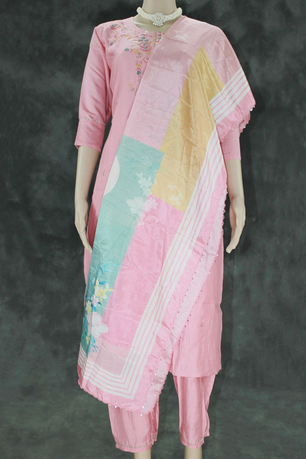 Beautiful Roman silk 3 piece set,Top and Pant with Elastic, Handwork chinon dupatta, Handwork Embroidery kurti, - Light Pink