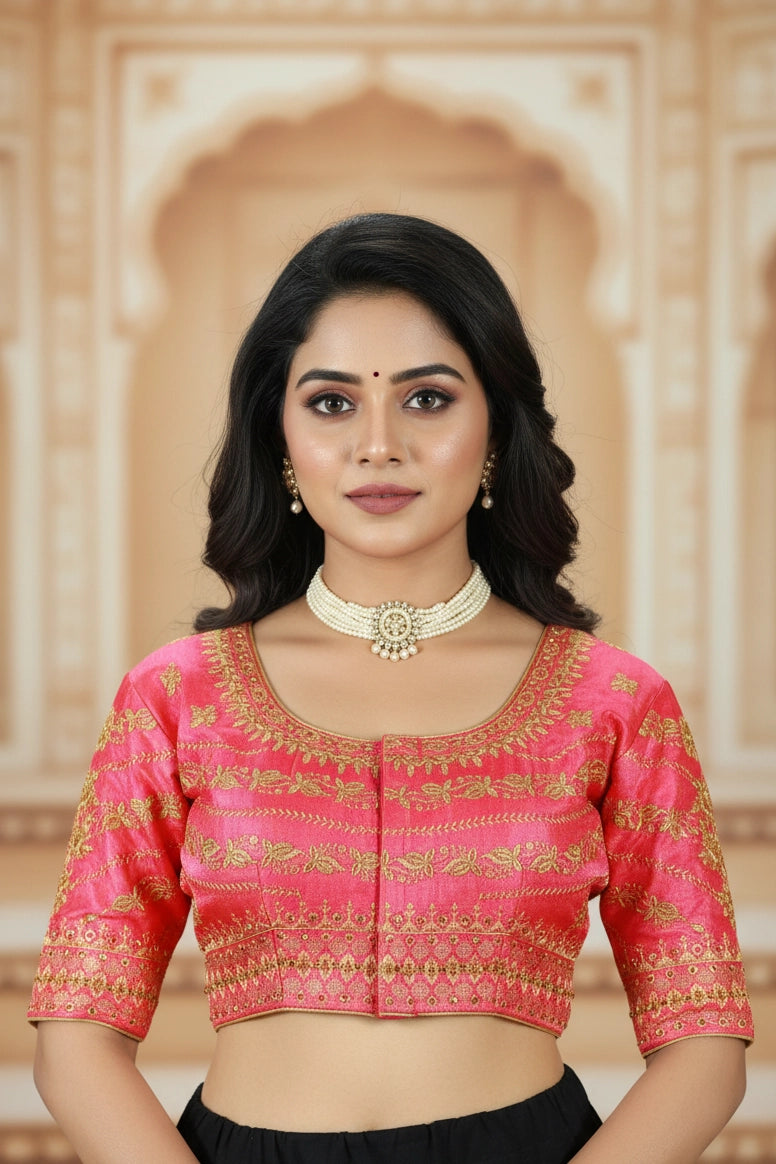 Rani Pink Zari Floral Butta Padded Designer Blouse with U-Shape Neck and Elbow Sleeves - Rani Pink