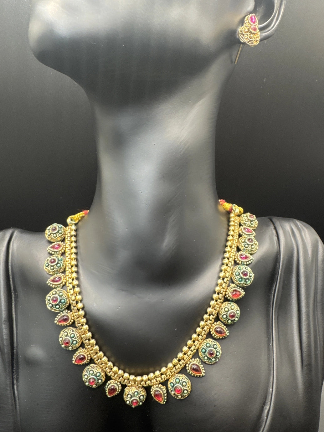 Traditional Gold-Tone Multicolor Necklace Set with Earrings - Green & Pink Jewelry JCS Fashions Green & Pink 4 inch