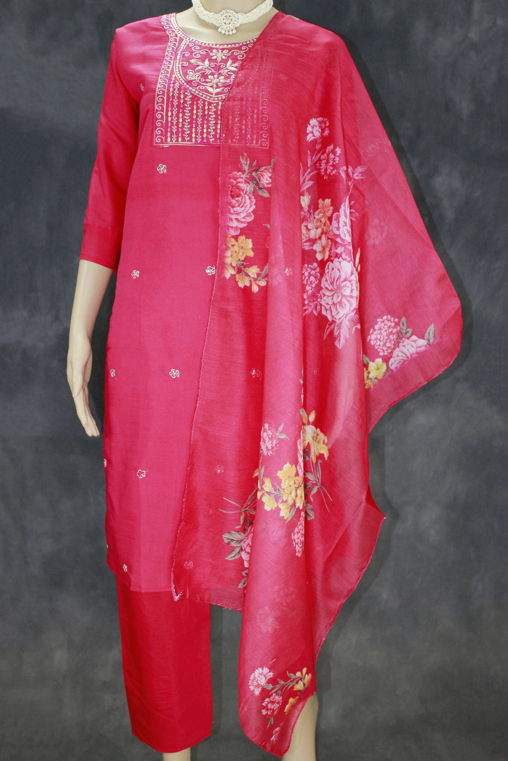 Beautiful Dark Pink Roman Silk 3 Piece Set with Embroidery - Dark Pink