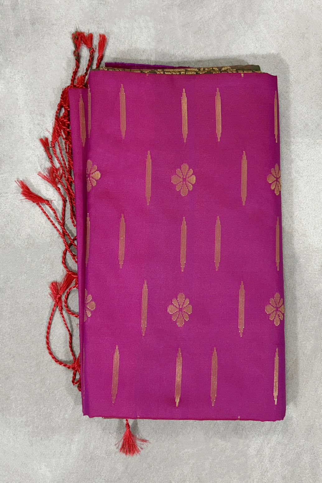Rani Pink Korvai Soft Silk Border Saree with Gold Zari Buttas and Traditional Floral Border - Rani Pink