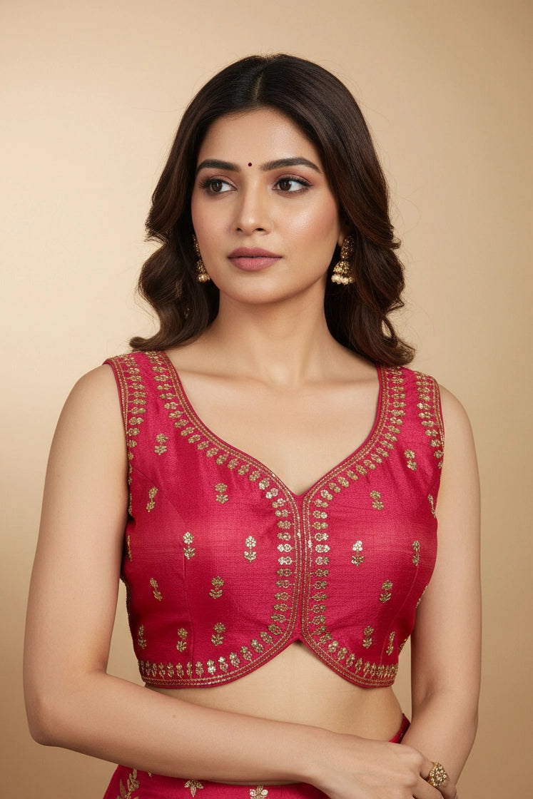 Pink Readymade Designer Padded Blouse with Sequin Floral Motifs, Sleeveless Back Knot & Alterable Fit - Pink