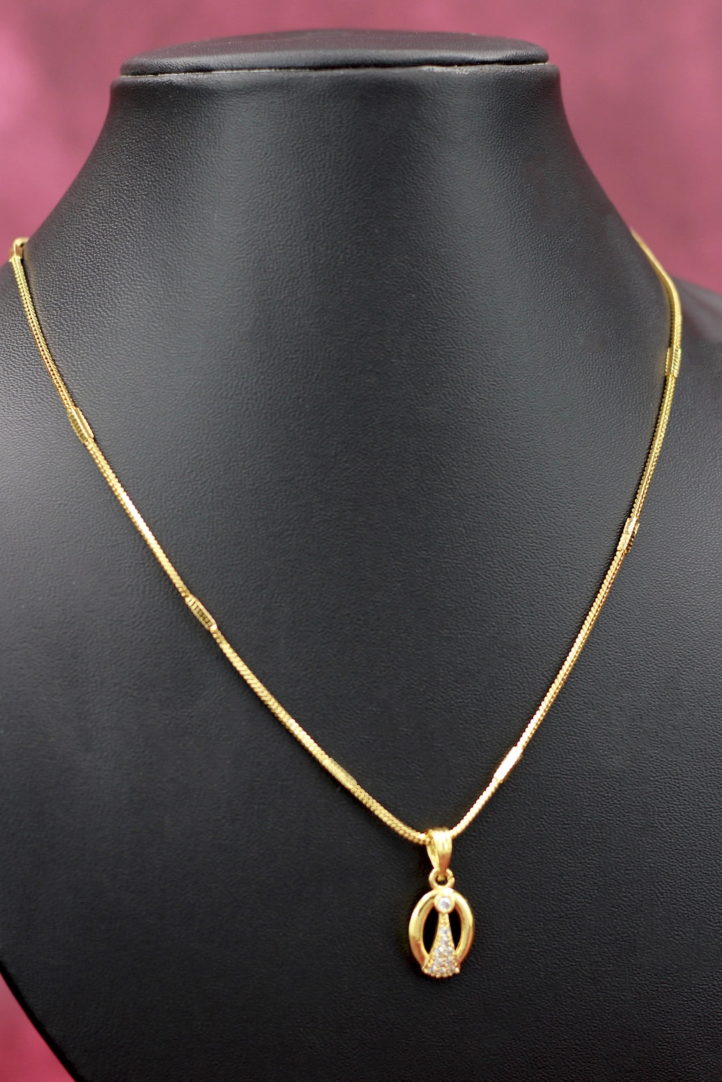 Gold-Tone Textured Chain Necklace with Small Pendant for Traditional Ethnic Wear - Gold