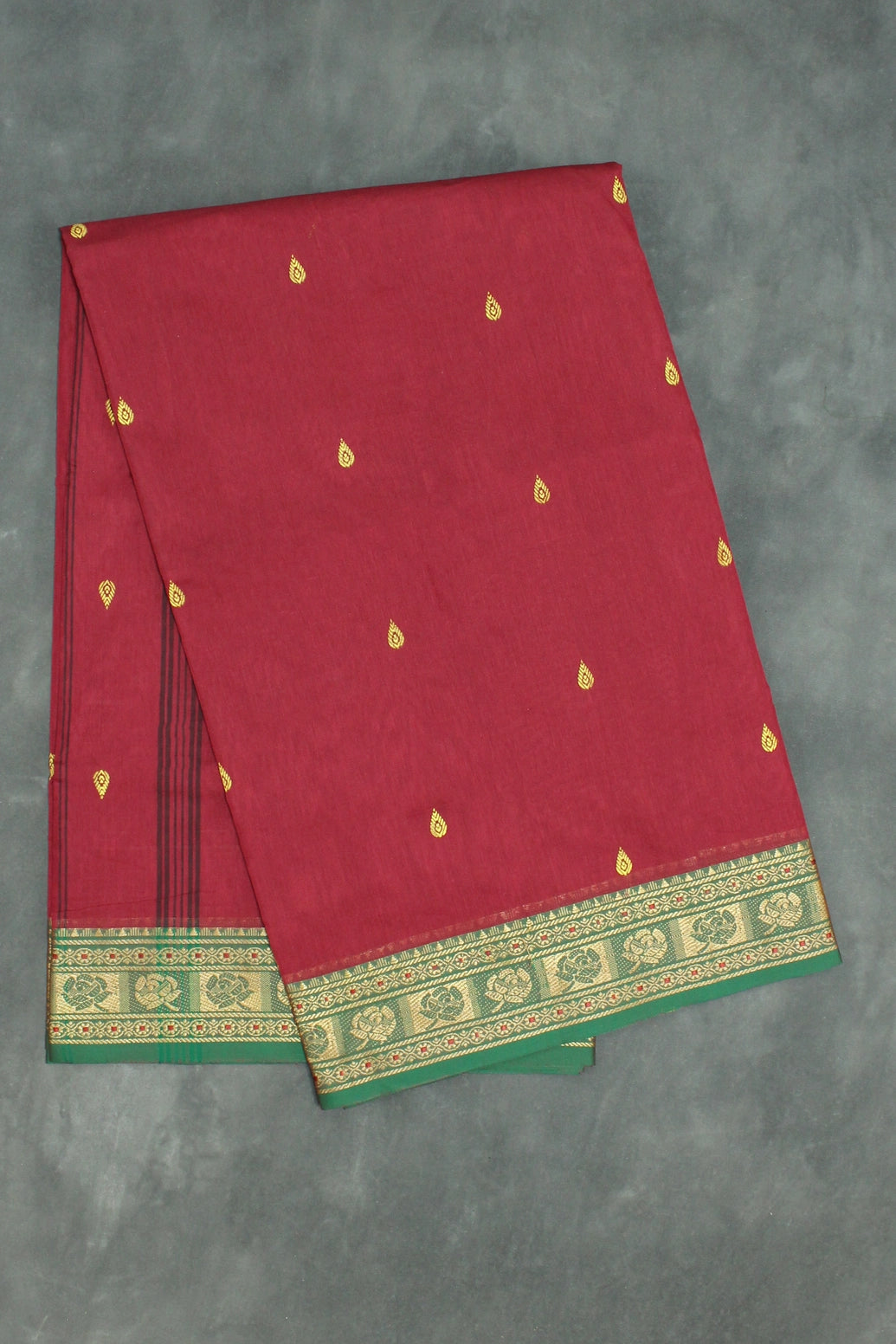 Red Poly Cotton Butta Saree with Green-Gold Thread Border - Traditional Indian Saree Saree JCS Fashions Red 5.5 meters