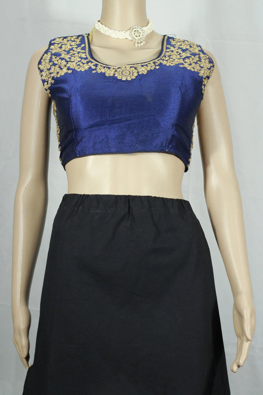 Dark Blue Readymade Designer Padded Blouse with Golden Aari Work Floral Motifs, Back Knot, Fully Stitched - Dark Blue