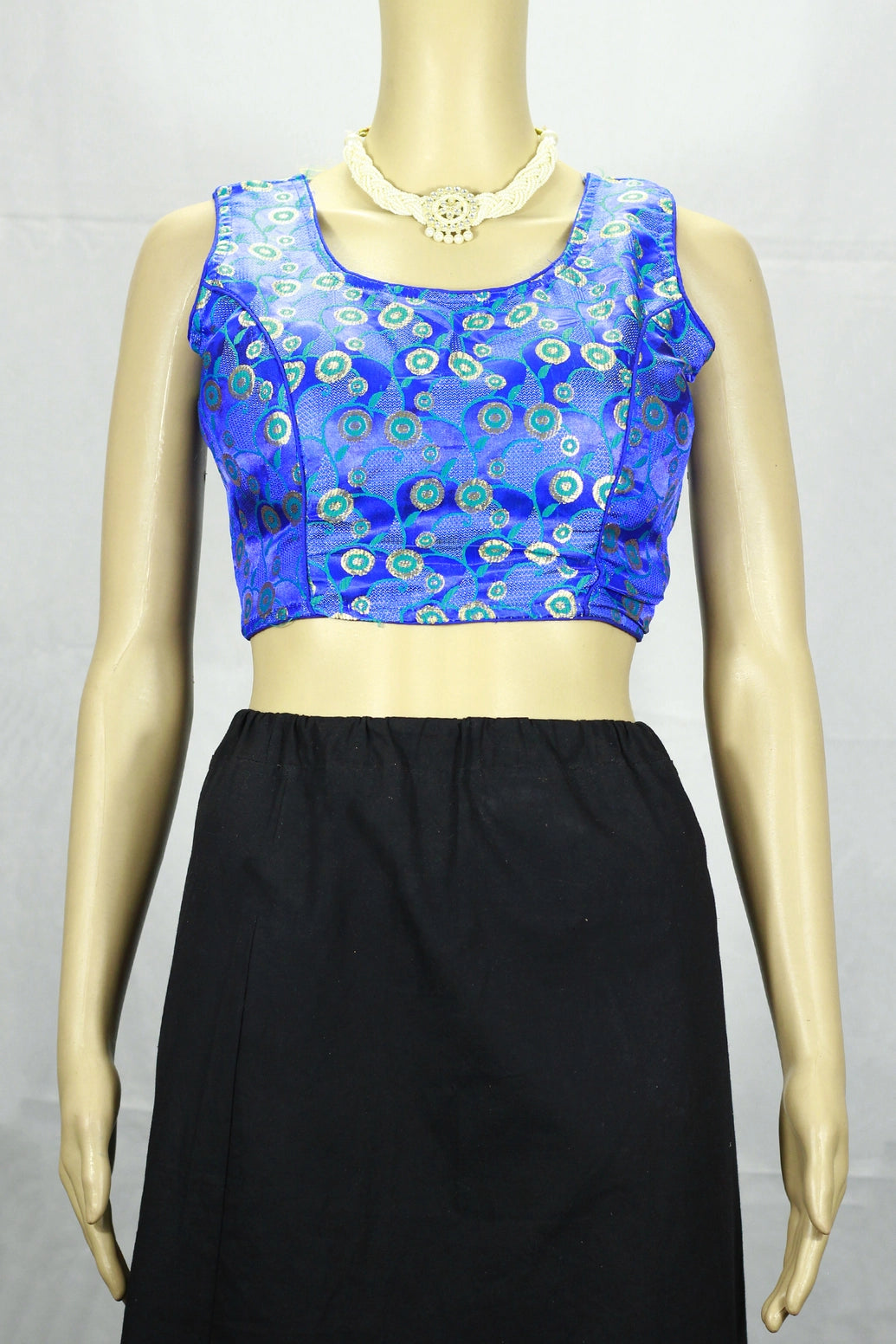 Bright Royal Blue Designer Padded Readymade Blouse with Intricate Circular Motifs and Zari Finish, Back Knot - Bright Royal blue