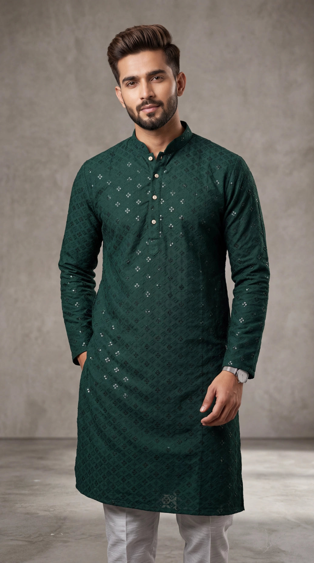 Men’s Green Lakhnavi Kurta with All-Over Buti & Stand Collar, Long Kurta for Festive Wear - Green
