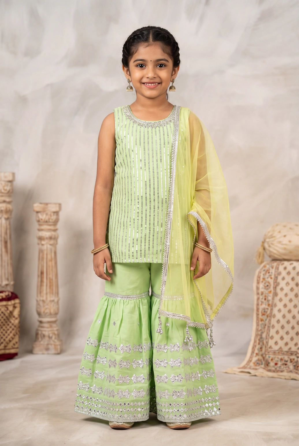 Pista Green Girls Satin Garara 3-Piece Set with Sleeveless Striped Kurti & Silver Embroidered Bands - Pista Green