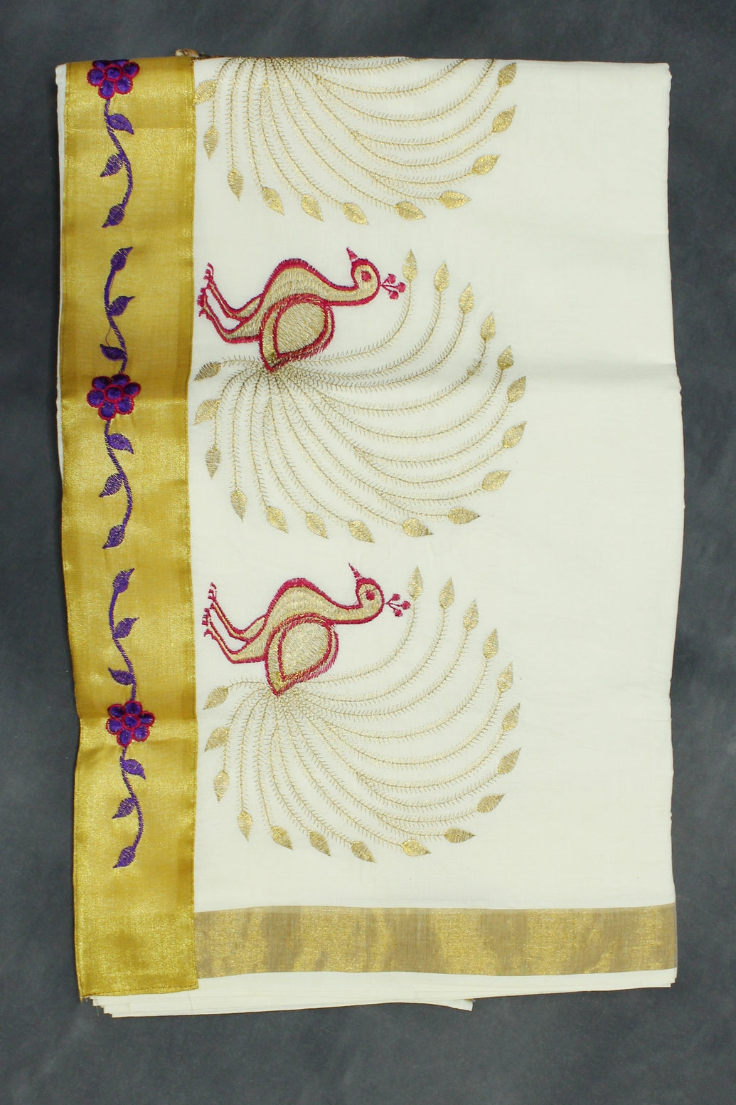 Pure Kerala Cotton White Saree with Gold Zari Peacock Embroidery - White