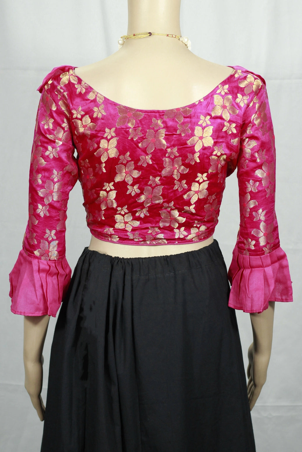 Pink Readymade Designer Padded Blouse with Gold Jari Work and Tassel Detailing, Fully Stitched - Pink