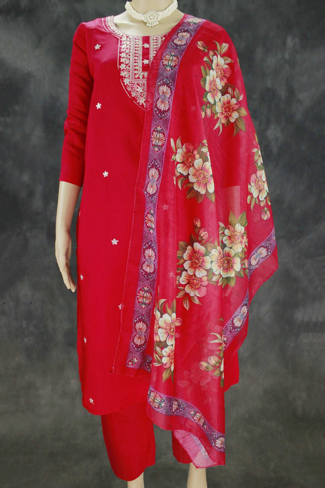 Dark Pink Roman Silk 3-Piece Kurti Set with Organza Floral Dupatta and Embroidered Neck - Dark Pink