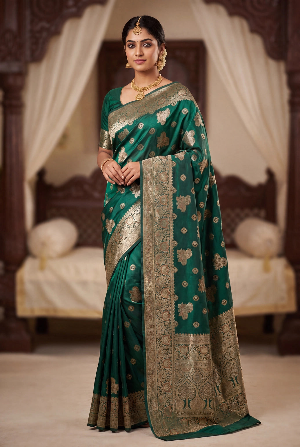 Dark Green Soft Silk Marathi Tadka Zari Floral Saree with Rich Pallu and Matching Blouse - Dark Green