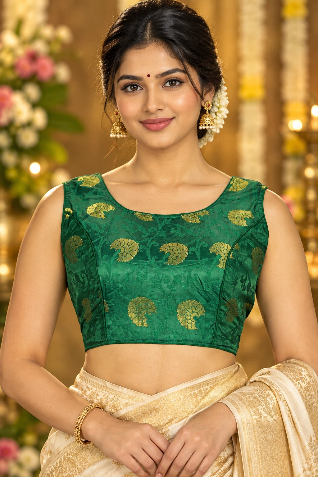 Green Designer Padded Blouse with Woven Floral Zari Motifs, Fully Stitched, Back Knot, Sleeveless - Green