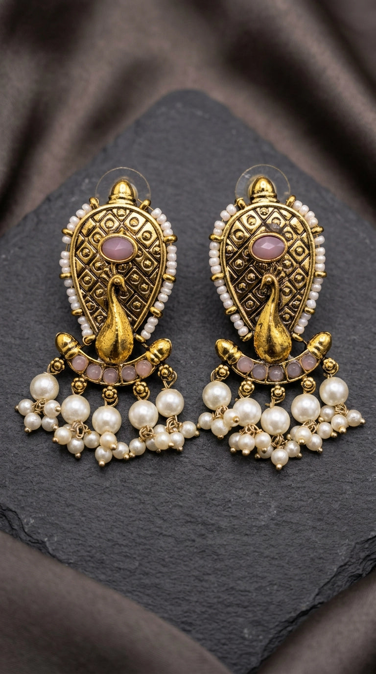 Antique Gold Tone Onion Pink Traditional Statement Earrings with Oval Stone, Bead Work and Pearl Tassel Hangings - Onion Pink