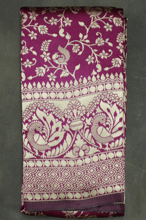 Purple Banarasi Woven Embroidered Floral Print Satin Handloom Saree with Blouse
