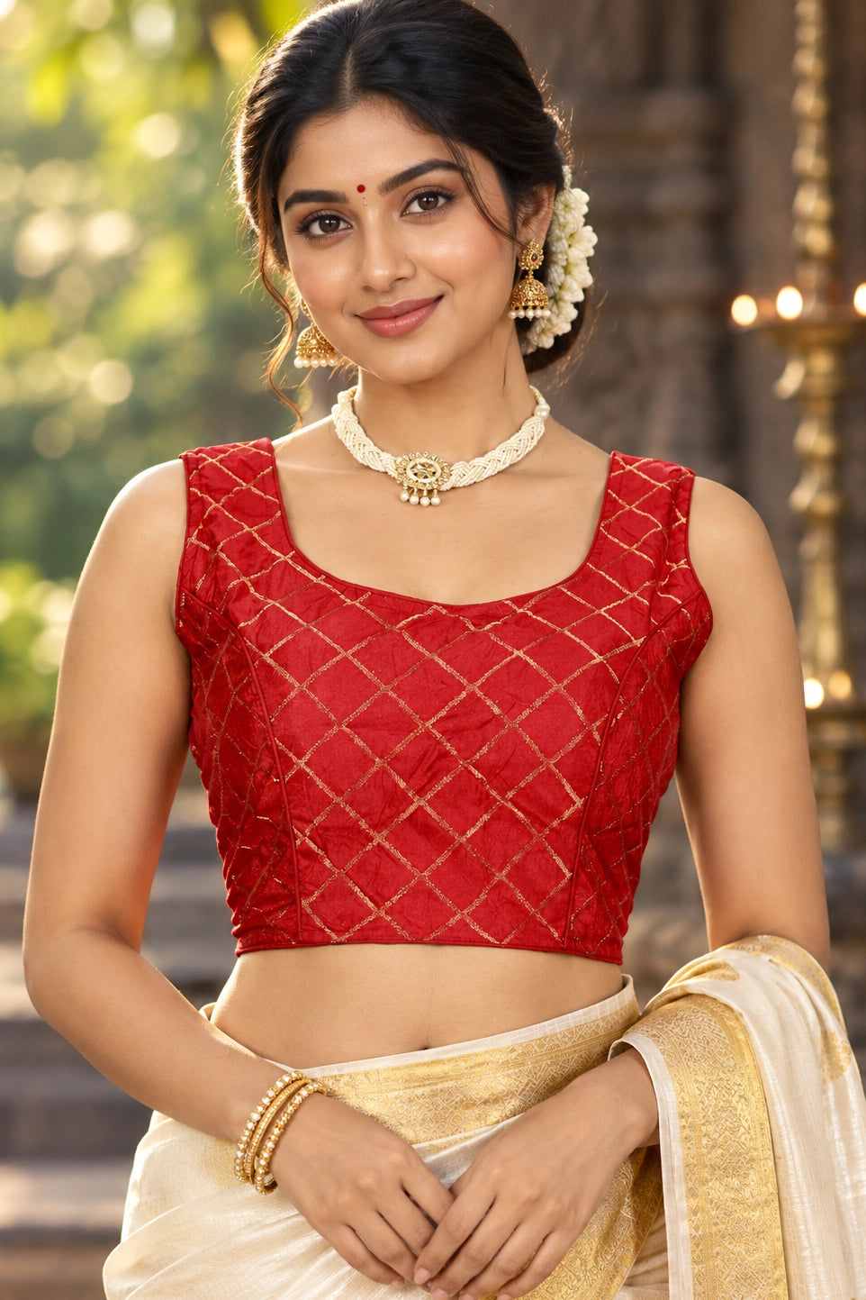 Red Designer Padded Sleeveless Blouse with Golden Criss-Cross Pattern, Fully Stitched Ethnic Back Knot - Red