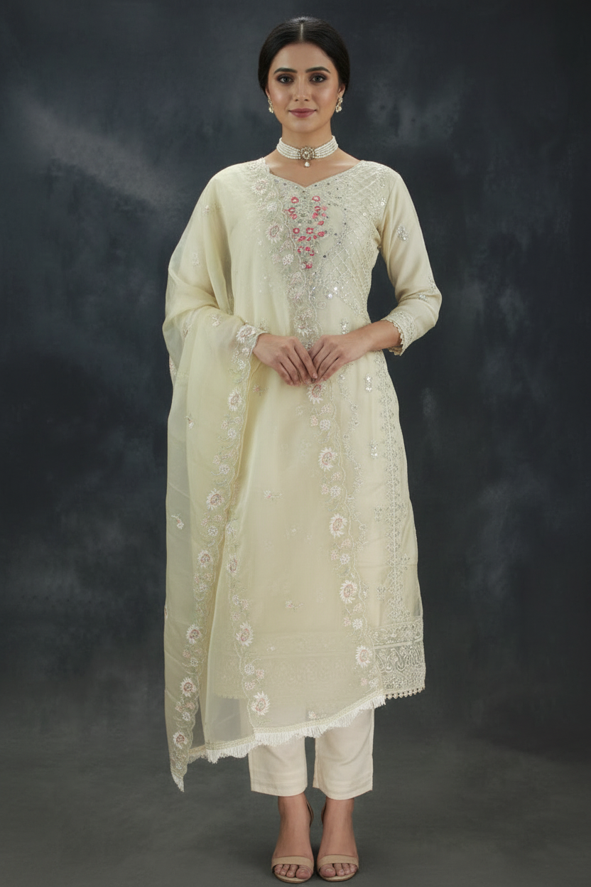 Sandal Roman Silk 3-Piece Kurti Set with Organza Work Top, Elastic Pant & Embroidered Dupatta