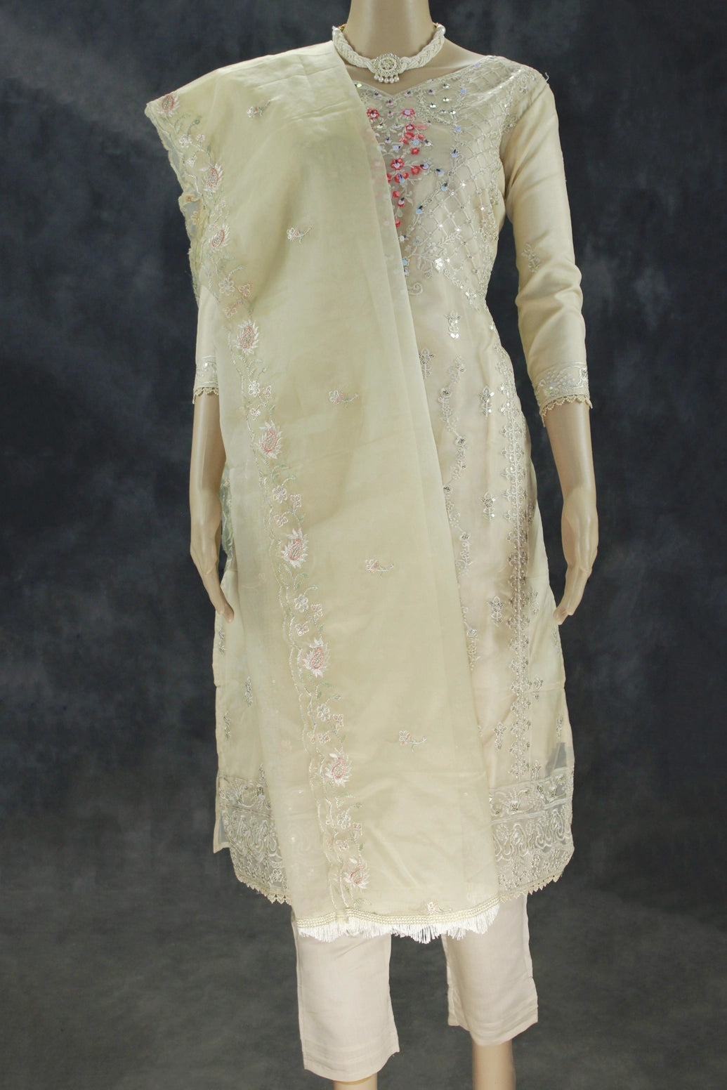 Sandal Roman Silk 3-Piece Kurti Set with Organza Work Top, Elastic Pant & Embroidered Dupatta - Sandal