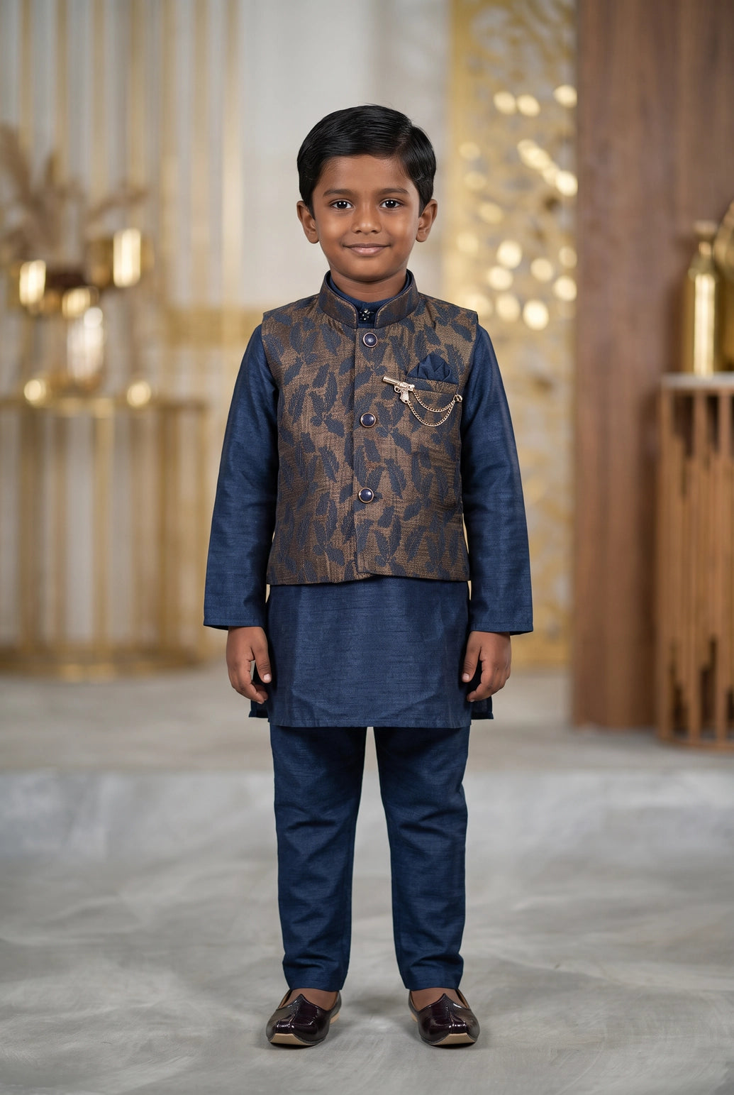 Boys Navy Blue Koti Kurta Set (3-Piece) with Nehru-Style Waistcoat, Matching Pants and Brooch - Navy Blue