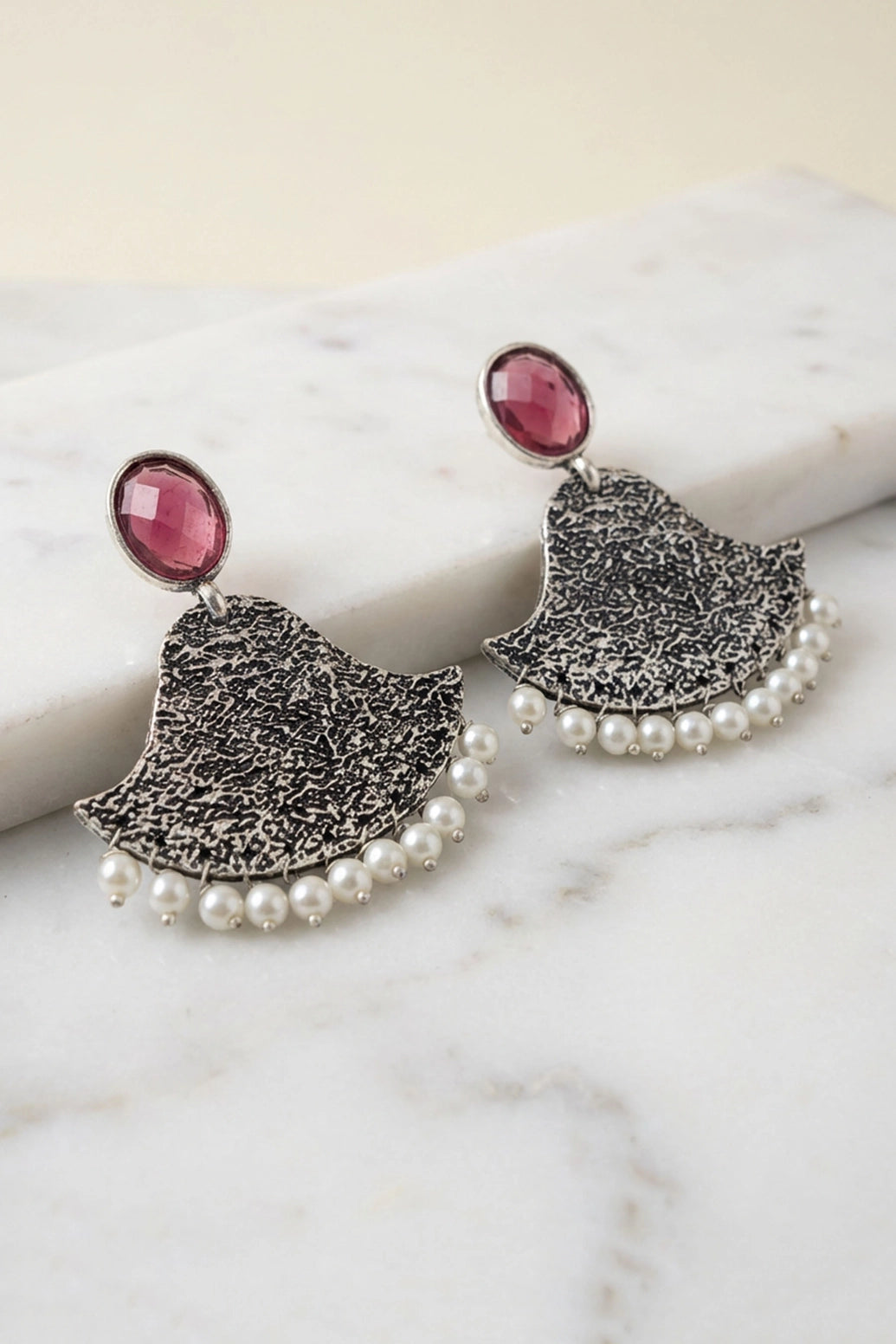 Purple Stone Textured Teardrop Jhumka Style Silver-Toned Fashion Earrings for Festive Party Wear - Purple