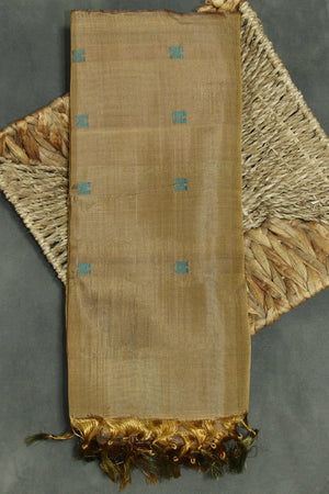 Banana Pith (Vaazhai Naar) Golden Brown Borderless Saree with Teal Butta Motifs - Handwoven