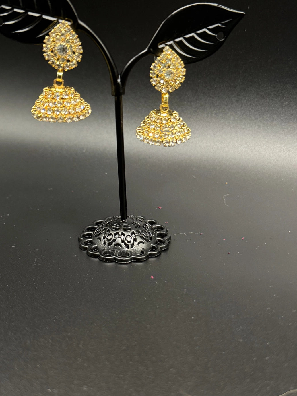 Gold-Look Leaf Design Crystal Jhumka Earrings for Women — Bridal & Party Fashion Jewellery with White Stones, 1.5 inch - White