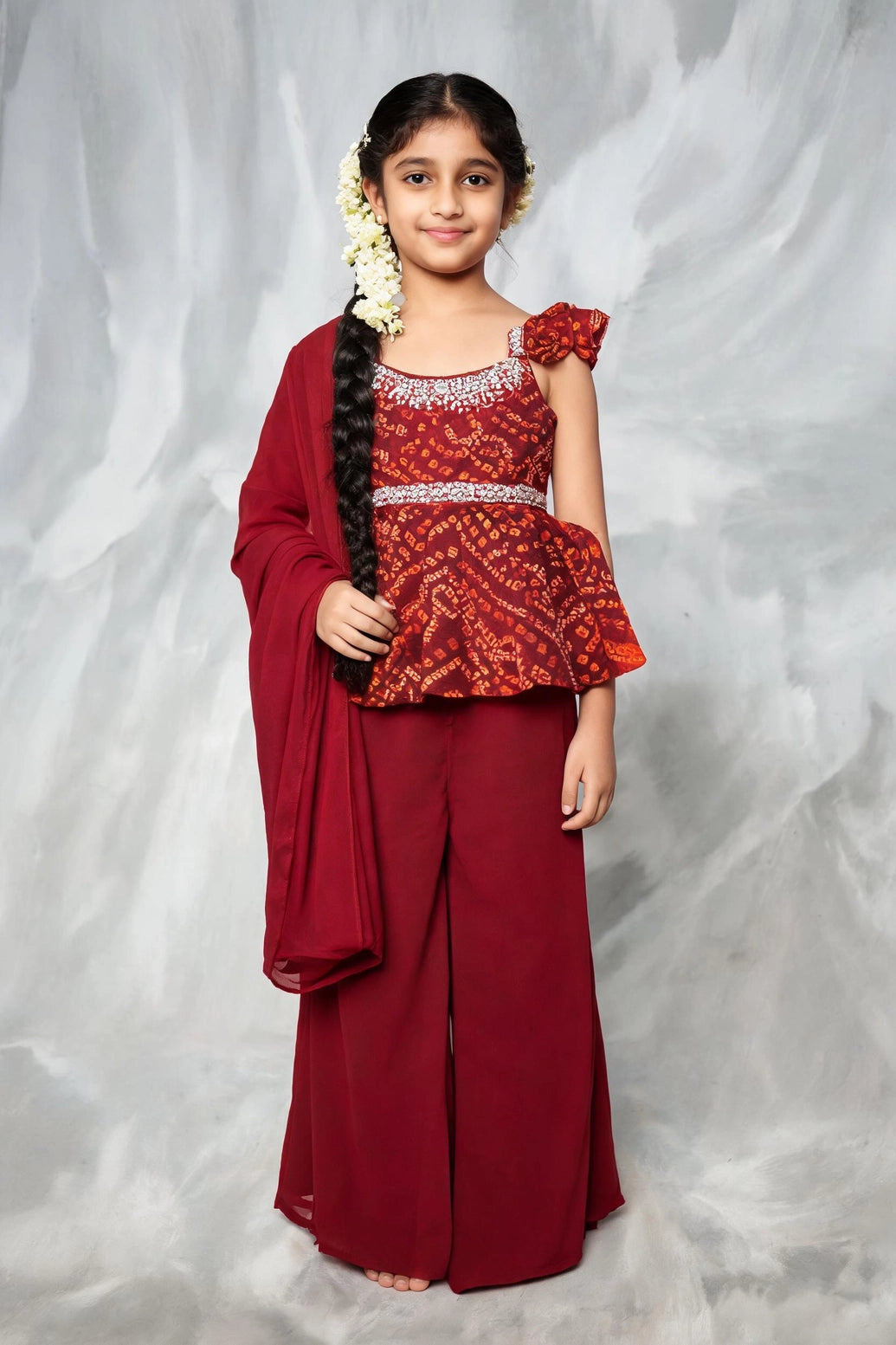 Girls Red Georgette Palazzo 3-Piece Set with Printed Top and Matching Dupatta - Red