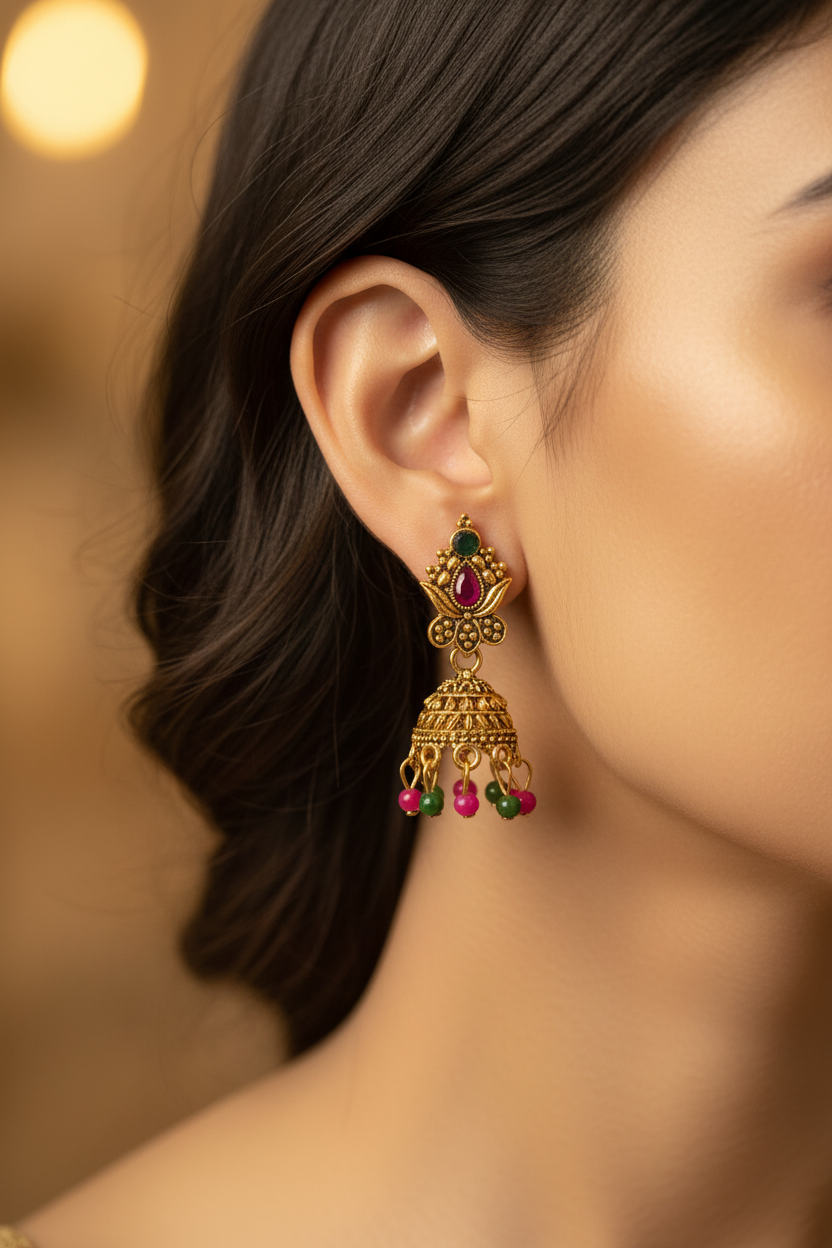 Antique-Look Lotus Jhumka Earrings for Women - Gold-Tone Traditional Jhumki with Pink & Green Beads, 1.5 inch
