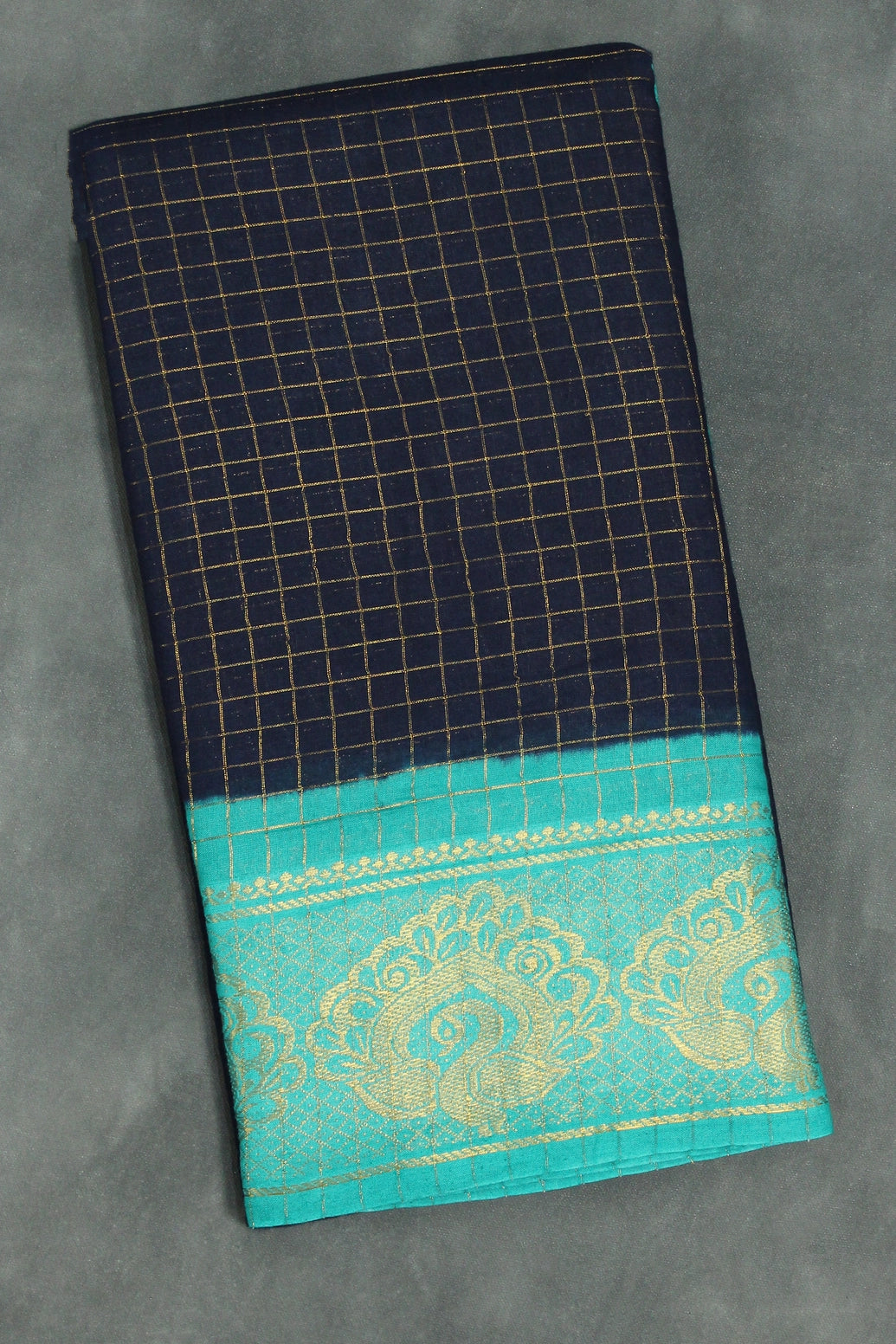 Navy Sungudi Cotton Saree with Gold-Checked Weave & Peacock Zari Border Saree JCS Fashions Navy Blue 5.5 meters