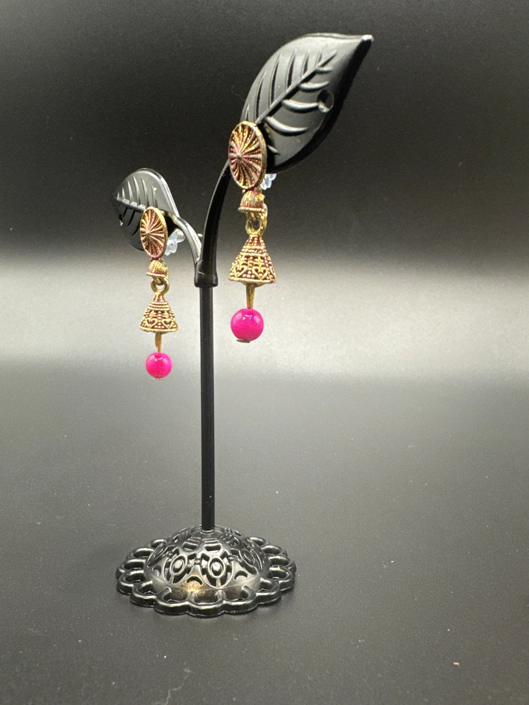 Antique Look Floral Jhumka Earrings – Gold-Tone Jhumki with Coloured Bead Drop (1.5 inch) - Maroon