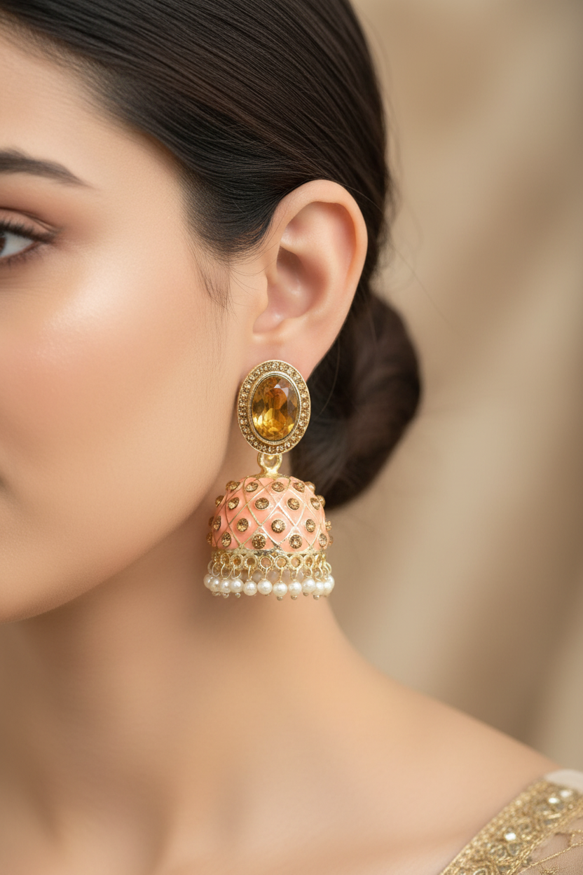 Peach Kundan Jhumka Earrings With stones. Multiple