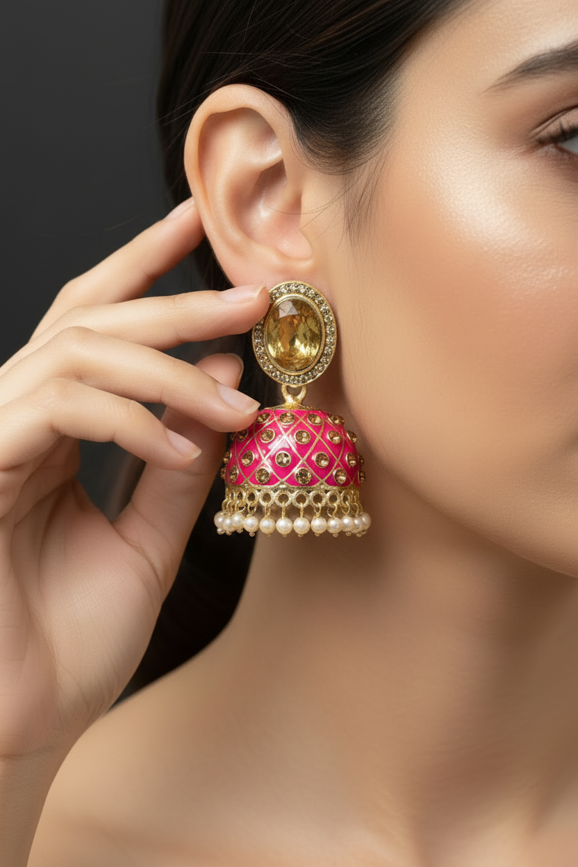 Peach Kundan Jhumka Earrings With stones. Multiple