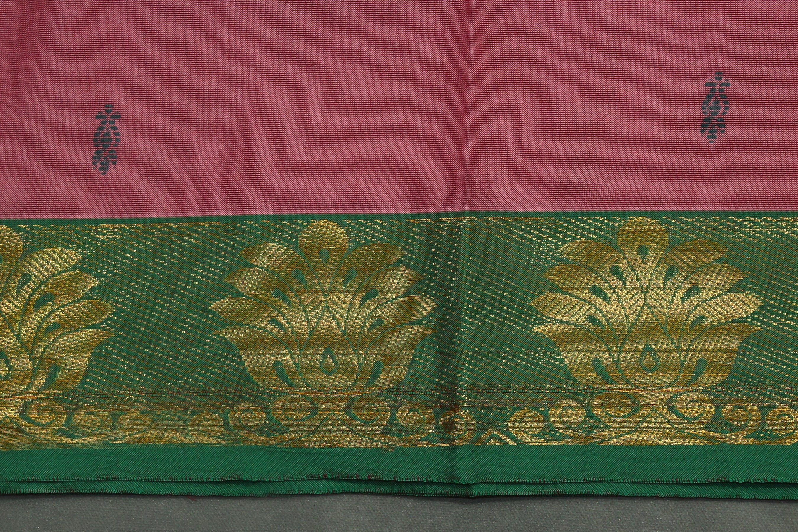 Onion Pink Poly Cotton Saree with Green Zari Border — IMG-2