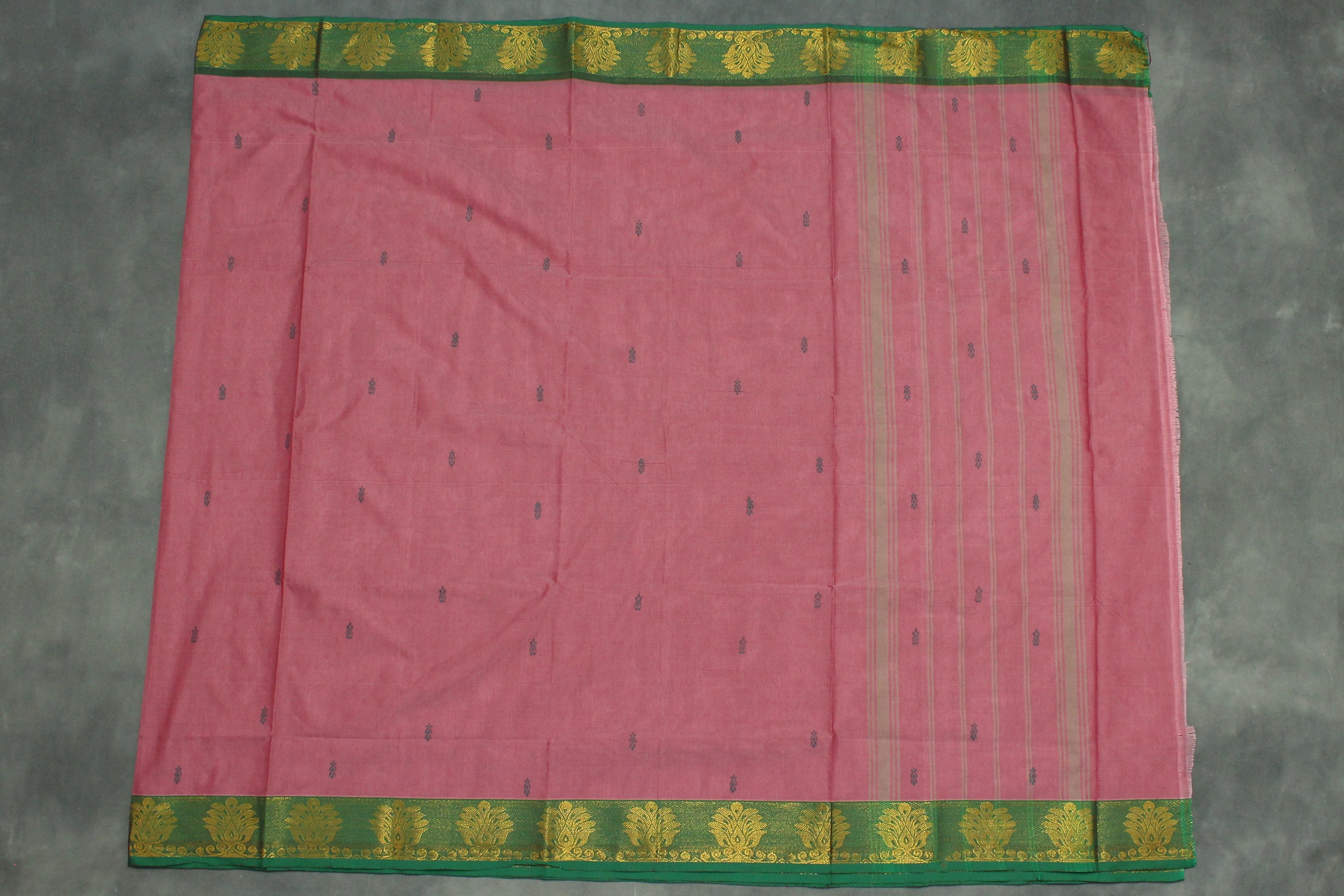 Onion Pink Poly Cotton Saree with Green Zari Border — IMG-3