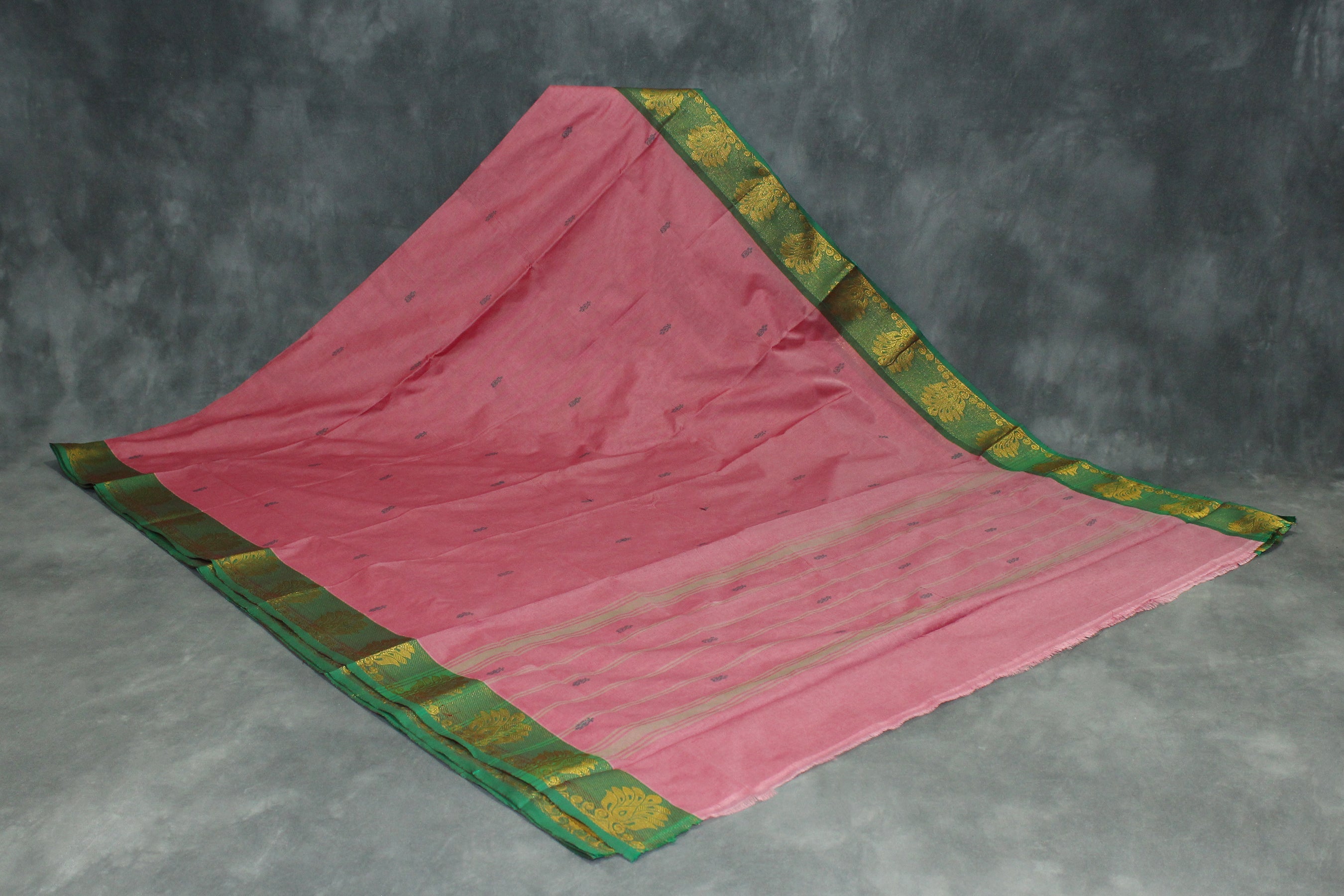 Onion Pink Poly Cotton Saree with Green Zari Border — IMG-6