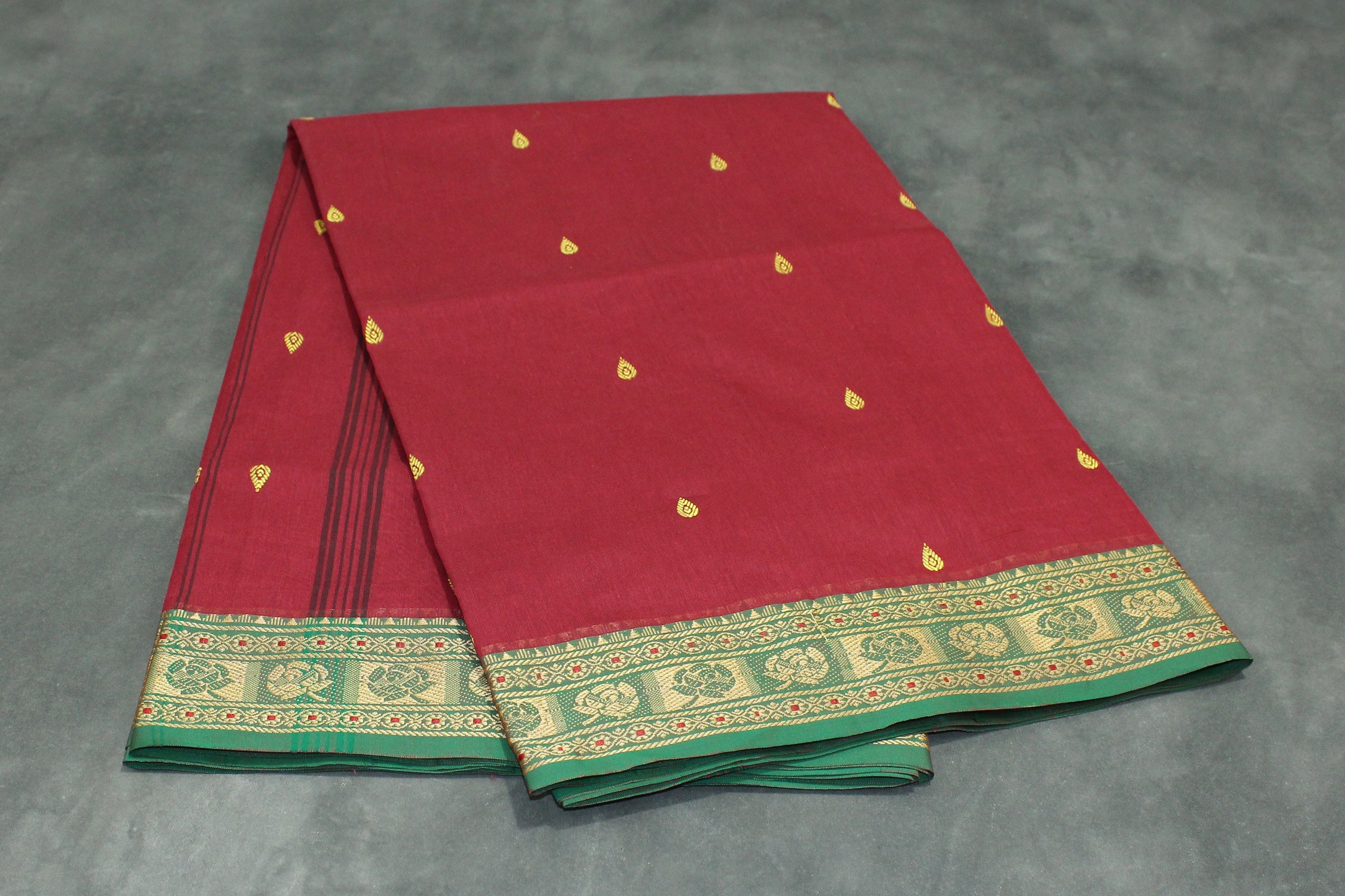 Red Poly Cotton Butta Saree with Green-Gold Thread — IMG-7