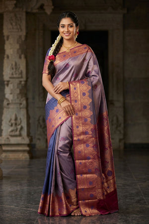 Navy Blue Kubera Pattu Silk Saree with Traditional Border and Blouse Piece | Semi Silk