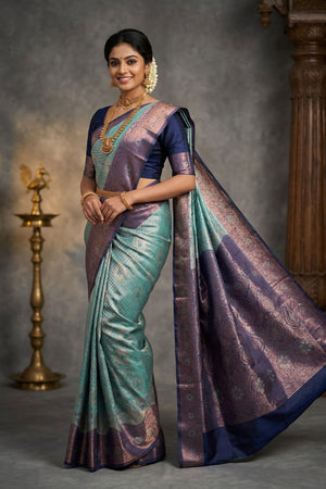 Kubera Pattu Saree Pastel Blue & Navy Blue Semi Silk with Design Border and Blouse