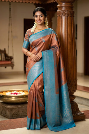 Kubera Pattu Saree Pastel Orange with Big Peacock Motif & Big Zari Border, Semi Silk Saree with Blouse