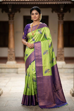 Green Kubera Pattu Silk Saree with Peacock Motif and Big Zari Border, Semi Silk