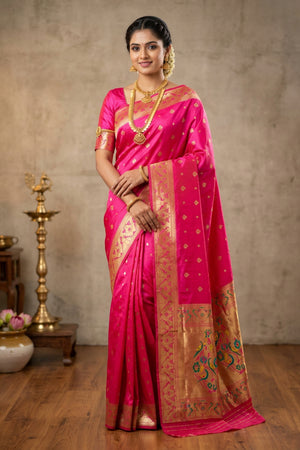 Paithani Peacock Pallu Saree in Magenta Pink with Zari Woven Border and Buttis
