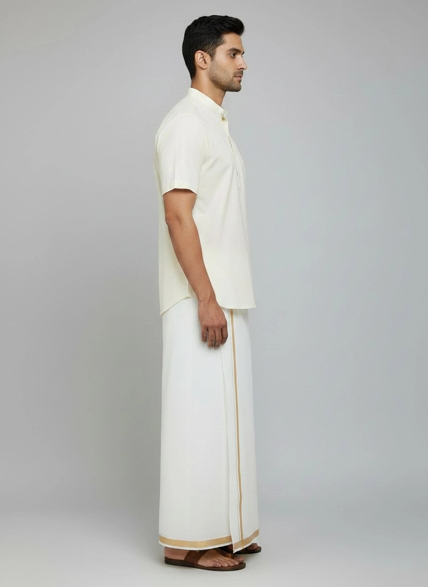 Men White Cotton Double Dhoti with Gold Zari Border (4 Metre) – Traditional Wedding & Festival Wear
