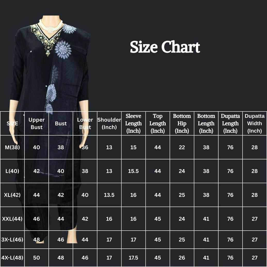 Black Silk 3-Piece Pakistani Salwar Suit with Embroidered V-Neck and Organza Dupatta