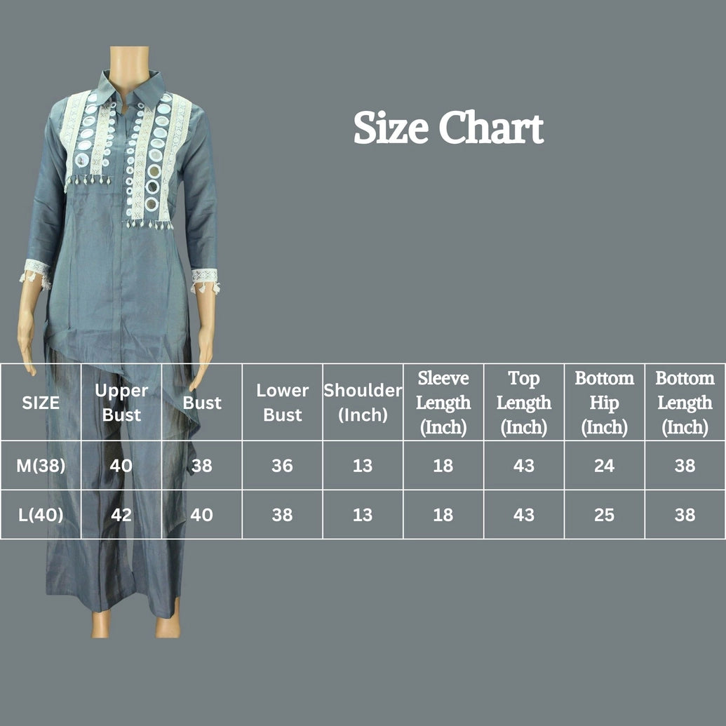 Grey Cotton-Rayon Pakistani Collar Kurti Two-Piece Set with Mirror Work and White Lace Border — Top with Elastic Pants Kurti JCS Fashions