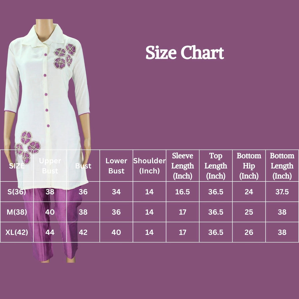 White & Lavender Cotton-Rayon Embroidered Aari Work Kurti Set with Straight Pants - Collar Neck, 3/4 Sleeve Kurti JCS Fashions