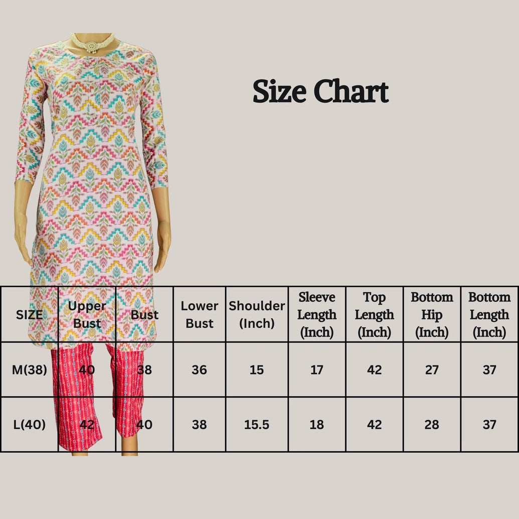 Cotton Printed Kurta Set – Cream Multicolor Kurti with Red Elastic Pants