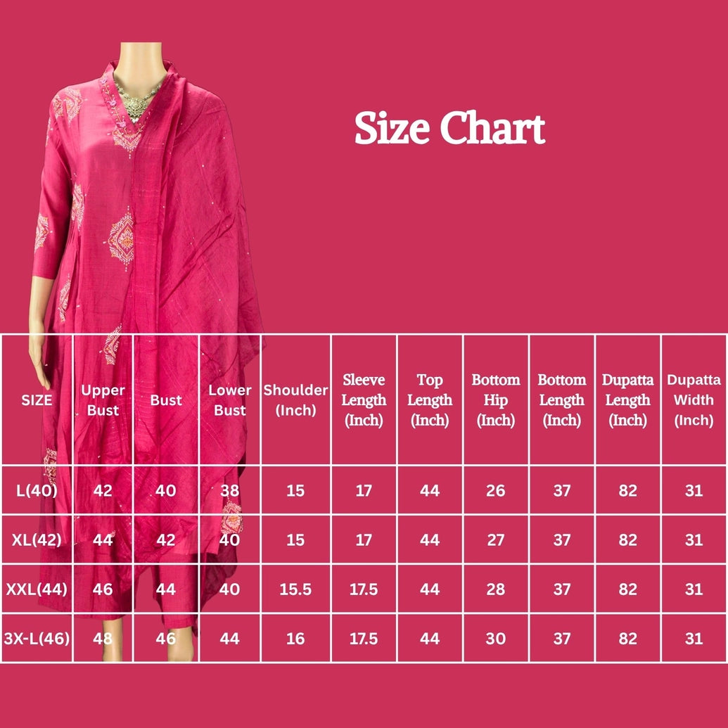 Pink Cotton 3-Piece Kurti Set with V-Neck Work, Elastic Pant & Chiffon Dupatta