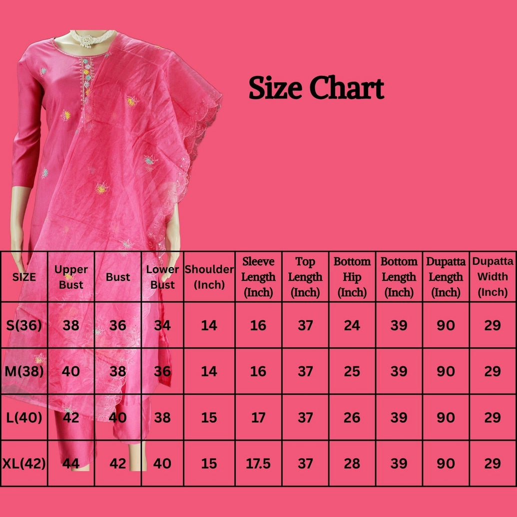 Deep Pink Roman Silk 3-Piece Kurti Set with Chiffon Dupatta & Embroidered Beaded Neck, Elastic Pant